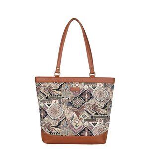 Ladies’ Geometric Tapestry Tote Bag | Vegan Leather Handbag with Sling Strap
